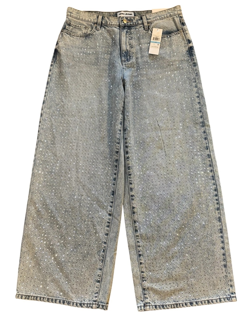 DKNY HIGH RISE RHINESTONE STUD EMBELLISHED WIDE LEG Jeans Size 31P(28 “ Inseam)